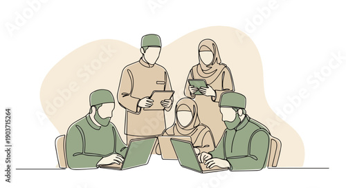 Continuous line art illustration of a diverse group of Muslim professionals collaborating on laptops and tablets, depicting teamwork and modern Islamic business culture.
