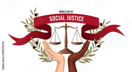 World Day of Social Justice hands holding scales of justice with olive branches illustration
