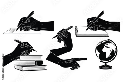 Hands writing and interacting with books and a globe