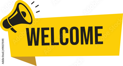 Welcome Banner with Megaphone Icon. Yellow Ribbon Label and Megaphone Silhouette for Announcement Marketing and Event Promotion Isolated on White Background