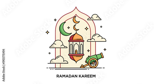 Ramadan Kareem celebration with Islamic lantern, crescent moon, cannon, and clouds in a beautiful archway illustration