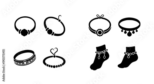 Elegant fashion jewelry and accessory icons featuring various necklaces bracelets and decorative anklets for style.