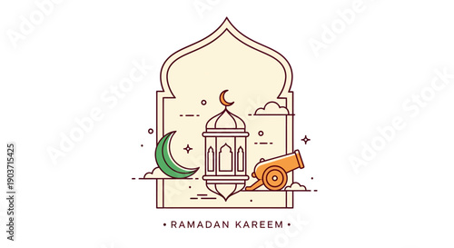 Ramadan Kareem Islamic Crescent Moon Lantern and Cannon Illustration