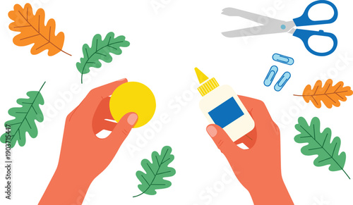 Hands making paper craft illustration featuring glue, scissors, leaves, and creative DIY activity concept in colorful flat vector style