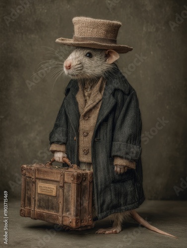 A rat in a dapper suit and hat with a vintage suitcase