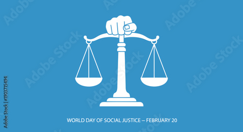 World Day of Social Justice Concept Illustration with Balance Scale and Raised Hand