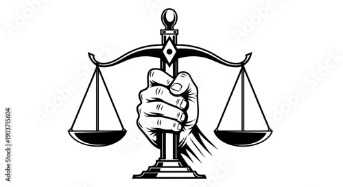 Powerful grip on the scales of justice, symbolizing the assertion of fairness, legal equilibrium, and the determined pursuit of rights within a robust system