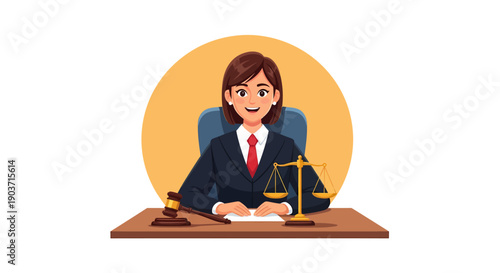 Female Lawyer Sitting at Desk with Gavel and Scales of Justice