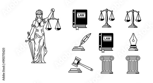 Comprehensive collection of essential legal symbols and justice icons, featuring Lady Justice, scales, law books, gavels, and pillars, representing the core principles of law and order