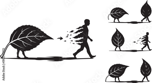 Silhouette of a person running with leaf blowing away