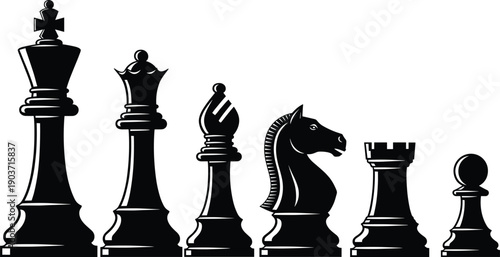 Chess pieces icons vector illustration, board game silhouettes design, black strategy artwork, competition template, cartoon concept for logic, education, and recreation