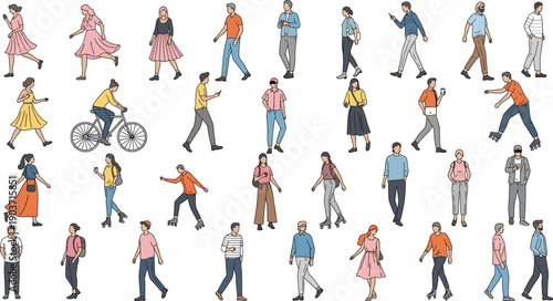 People walking illustration set featuring men and women in casual outfits showing everyday movement and urban lifestyle in flat vector style