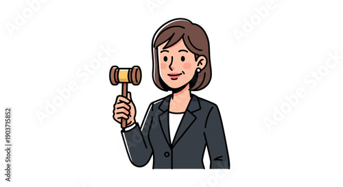 Smiling Female Lawyer Holding a Gavel. Professional Legal Concept Illustration