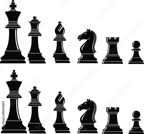 Chess pieces icons vector illustration, board game silhouettes design, black strategy artwork, competition template, cartoon concept for logic, recreation, education, and sport