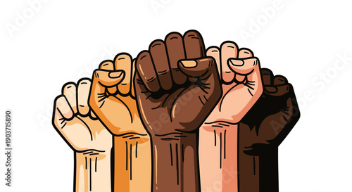 Raised Fists of Diverse Skin Tones Representing Unity and Racial Equality