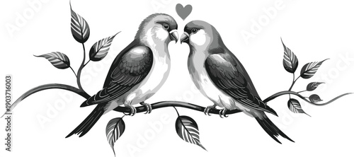 Romantic lovebirds illustration perched on branch with heart symbol, couple birds wildlife nature art decorative vector romantic design