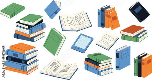 Books and reading illustration set featuring textbooks, notebooks, open books, and digital learning elements in colorful flat vector style