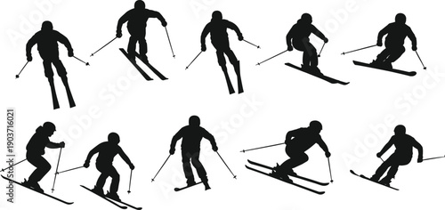 Skiing icons vector illustration, winter sports silhouettes design, black athlete artwork, snow activity template, cartoon concept for fitness, recreation, adventure, and education