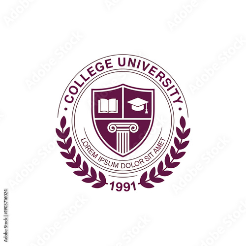 A circular college university seal featuring books a cap and laurel wreaths