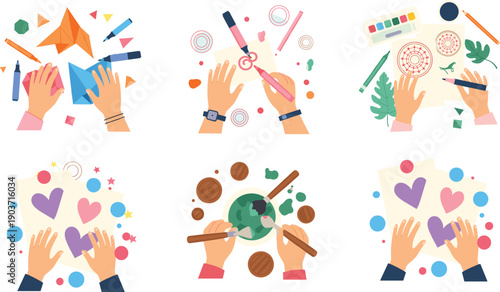 Creative activities illustration set featuring hands drawing, crafting, painting, cutting paper, and art projects in colorful flat vector style