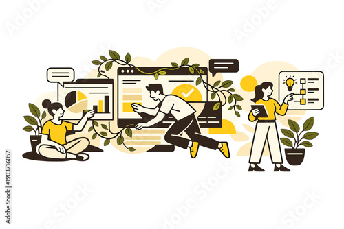 Biophilic design aesthetic. Human figures interacting with digital interfaces surrounded by plants, vines softly