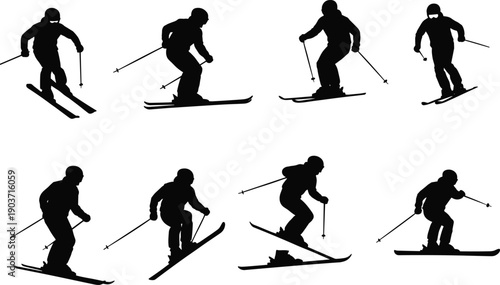 Skiing icons vector illustration, winter sports silhouettes design, black athlete artwork, snow activity template, cartoon concept for recreation, adventure, fitness, and education
