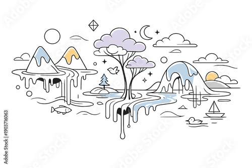 Surreal environmental art: melting landscape harmony. Mountains flowing like liquid into rivers, trees bending into