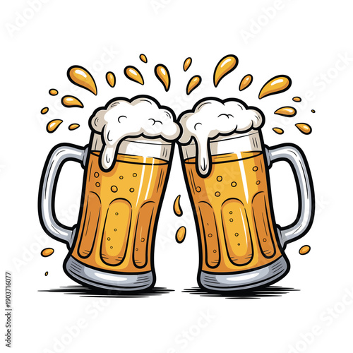 Two overflowing mugs of beer clink together in a celebratory toast