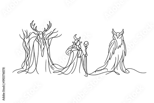 "Fantasy forest guardians". Minimalistic one-line drawing mystical creatures standing among ancient trees with flowing