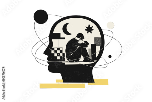 A seated person isolated within their own mind, figure placed inside a simplified head silhouette filled with abstract