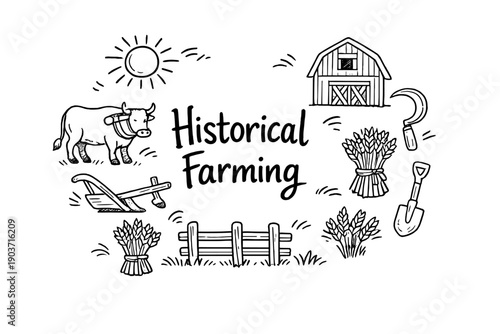 Historical Farming. Hand-drawn doodle illustration of Historical Farming. wooden plow, ox, sickle, wheat sheaf, barn,