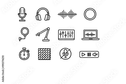 Podcast recording. Line outline icon set of Podcast recording: studio microphone, headphones, audio waveform, recording
