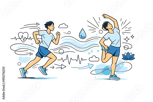 Dynamic Wellbeing Art. Sport and wellbeing illustration. A person running and stretching as heartbeat lines, breath