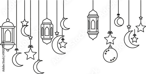 ramadan decorations with moons and stars hanging from strings on transparent background