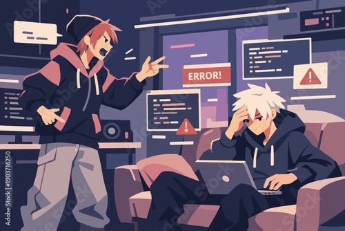Inside a compact futuristic apartment, an anime-inspired hacker pair argues over code, modern flat character