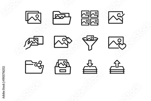 Image collection. Line outline icon set of Image collection: photo stack, image folder, collection grid, selected image,