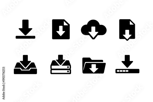 Download file. Filled icon set of Download file: download arrow, file download, cloud download, document download,