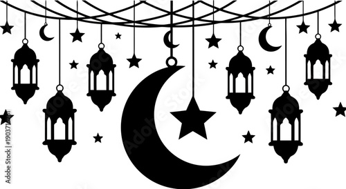 Islamic ramadan decoration with hanging lanterns moons and stars