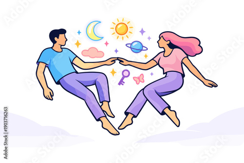 A modern flat illustration of dream travelers sharing a lucid dream, stylized human characters floating together in a