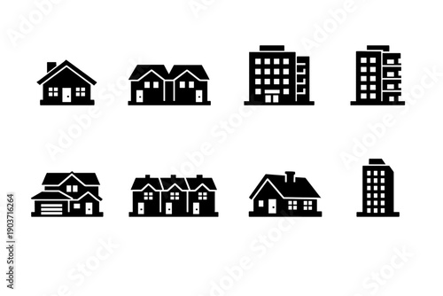 Residential Buildings Icons. Residential Buildings. Filled icon set of Residential Buildings: single family house,