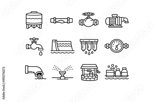 Water supply icons. Line outline icon set of Water supply icons: water tank, pipeline, valve, water pump, faucet,