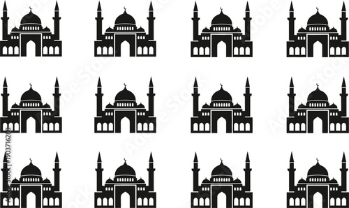 A seamless pattern of stylized mosque silhouettes on white background