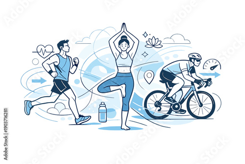 Urban fitness lifestyle. A runner, cyclist, and yoga pose shown together with flowing lines and abstract geometry. The
