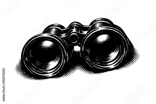 Monochrome halftone print illustration of vintage binoculars viewed from a low cinematic angle, lenses dominating the