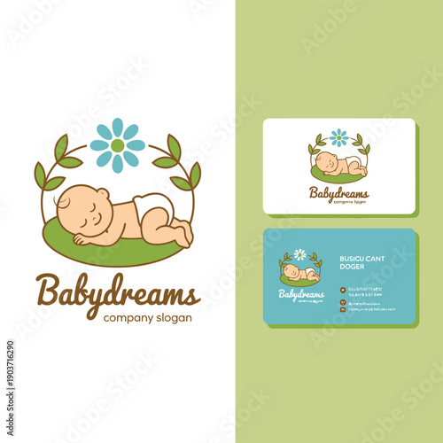 Baby dreams logo and business card design with sleeping infant illustration
