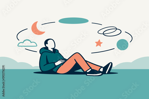 Modern flat illustration, modern character illustration, editorial surreal style: a dream hacker resting at the core of