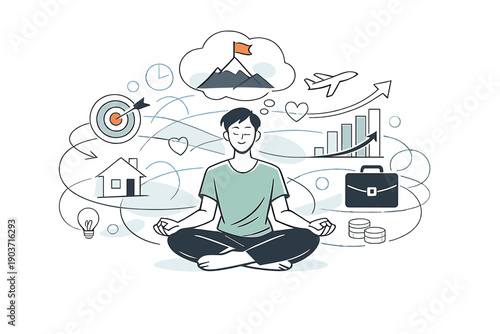 Intentional Life Pathway. Intentional life goals. A calm figure visualizing future milestones, abstract targets and