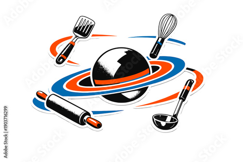 Retro kitchen tools—orbiting spatula, whisk, rolling pin and ladle—circling a central planet like satellites, black and