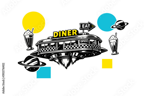 Black and white 1950s diner suspended in space like a spacecraft, milkshake cups and signage subtly floating nearby,