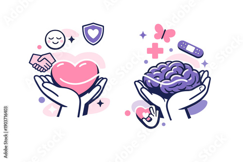 Emotional wellbeing support. Hands gently holding a heart and brain, connected by soft glowing lines that suggest care